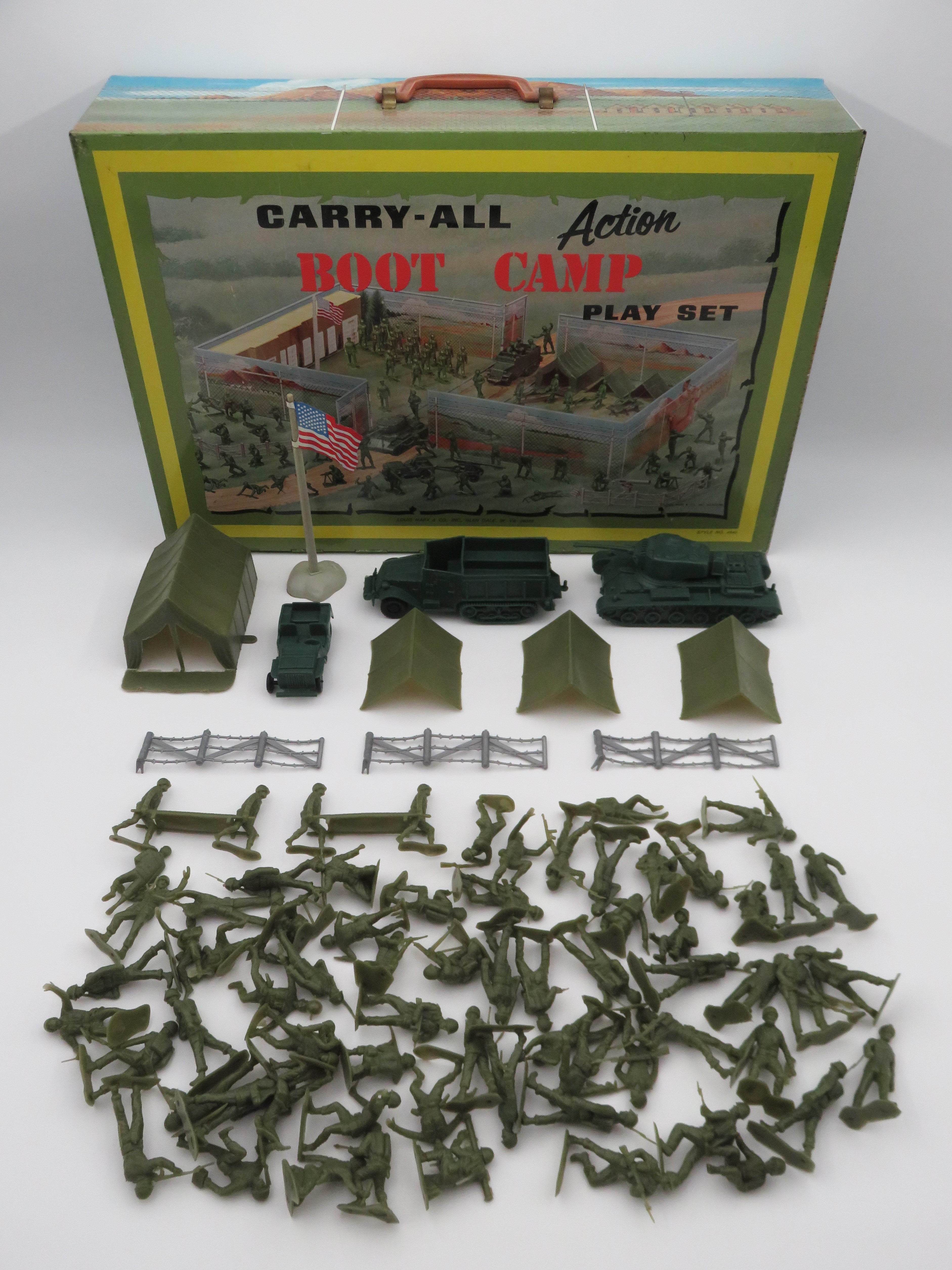 VINTAGE Carry All Action Boot Camp Tin Litho Playset - Louis Marx & Co. (c. 1960s) Collectible